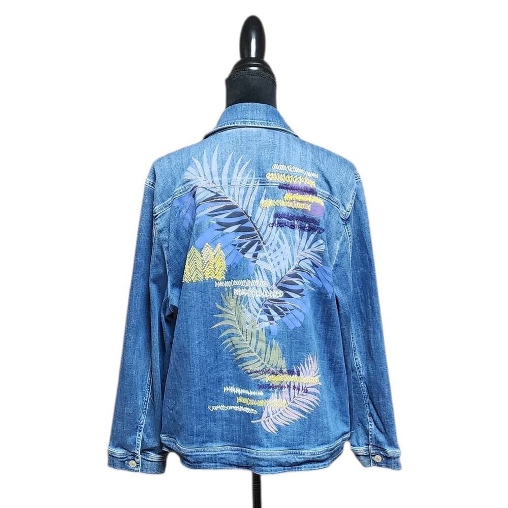 Chico's 4 Women's Blue Denim Jacket Collared Plus Size US 20/22 Leaf Embroidered